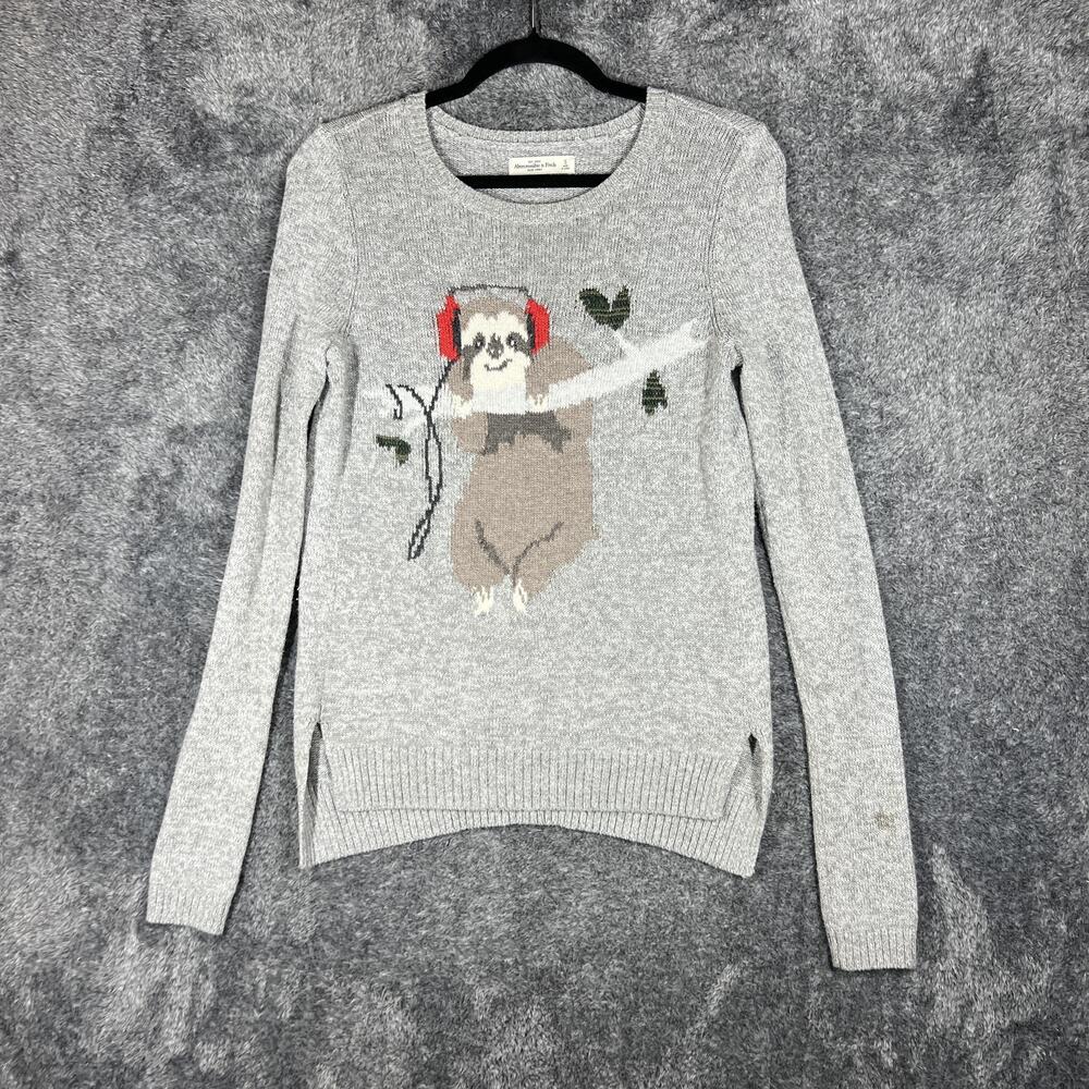 Abercrombie & Fitch Sweater Womens S Gray Sloth Graphic Pullover Knit Crewneck